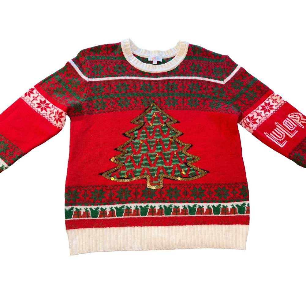Lularoe Women's Medium Ugly Christmas Sweater Tree‎ Jingle Bells Red Green Gold